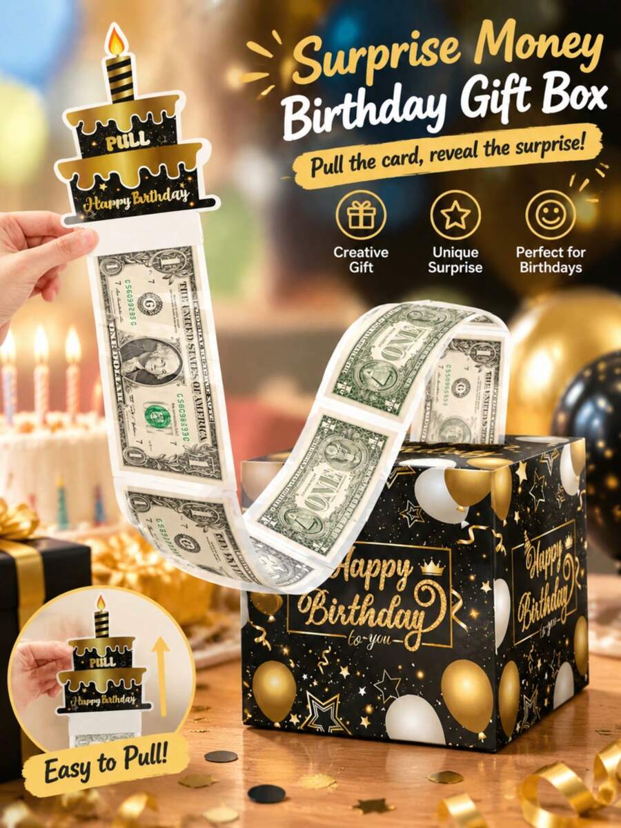 4/1pc Premium Durable Birthday Cash Gift Box Set, Pull-Out Birthday Card With 30 Transparent Bags, Multi-Color Fun Surprise Cash Gift Box Kit, Creative Party Decoration Gift, Suitable For Back To School Season, Party Supplies, Christmas, Halloween, Christmas ,