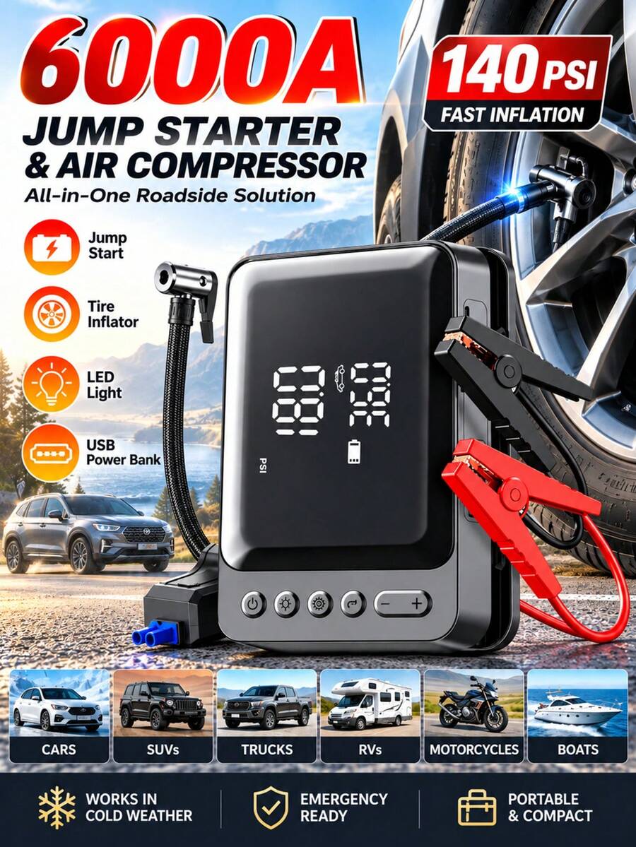 YAIUZGOO 6000A 12V Car Jump Starter With Air Compressor, 140 PSI Portable Tire Inflator & Battery Booster, Digital Display, LED Light, USB Power Bank, Emergency Starter For Cars, SUVs & Trucks - Wireless - View 1