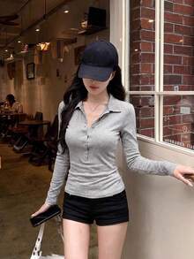 Women's Polo Collar Long Sleeve T-Shirt, Slim Fit, Elegant Inner Layer Top - Grey - View 1