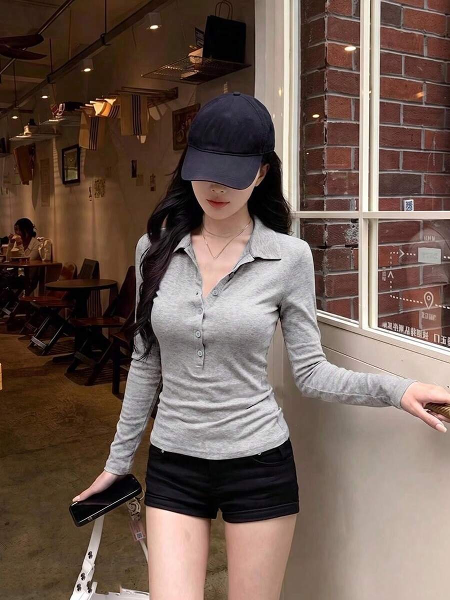 Women's Polo Collar Long Sleeve T-Shirt, Slim Fit, Elegant Inner Layer Top - Grey - View 1