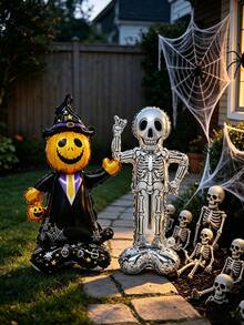 2pcs Standing Pumpkin Wizard Skeleton Foil Balloons With Self-Standing Base, Halloween Balloon Set For Indoor Home Party Decoration, Halloween Photo Backdrop Props, Set Only Includes 2 Balloons Shown In Image, Realistic Holiday Atmosphere Supplies - Halloween Pumpkins + Little Skeletons - View 4