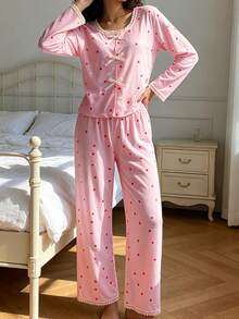 Spring/Autumn Teen Girls Sweet Pink Heart Print + Bow Decor Long Sleeve + Long Pants Pajama 2-Piece Set, Casual Soft Fabric, Teen Home Wear - Pink - View 4