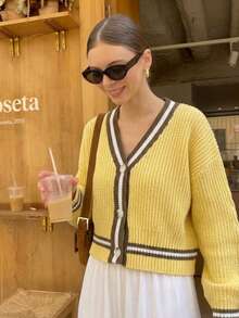 Women's Striped Long Sleeve Single-Breasted Casual Knit Cardigan - Apricot - View 1