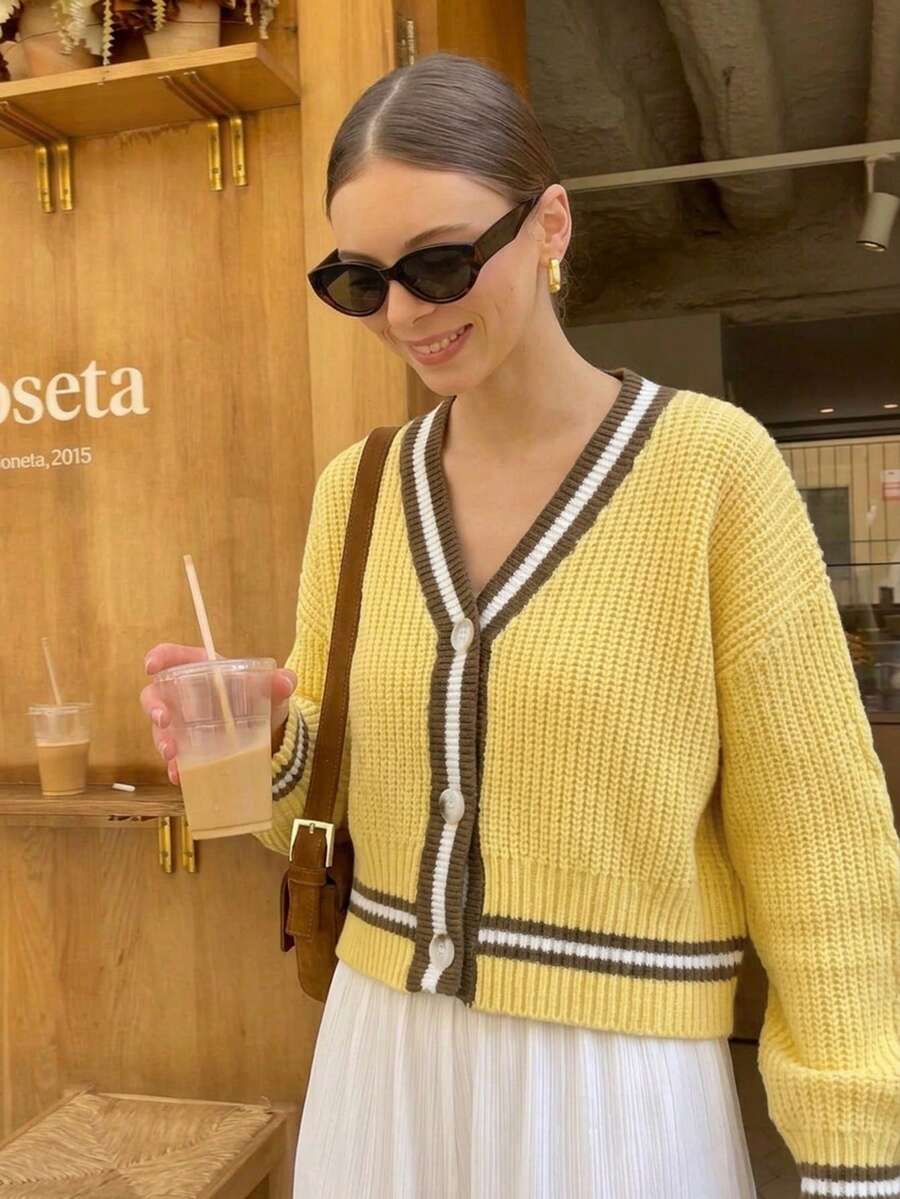 Women's Striped Long Sleeve Single-Breasted Casual Knit Cardigan - Apricot - View 1