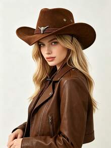 Unisex Western Cowboy Hat, Suede Wide Brim With Bull Head Metal Decor, Adjustable Chin Strap, Multi‑Color For Outdoor Party Daily Wear - Three-rope Corner Silver Cow - View 5