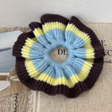 1pc Striped Vintage Polyester (Polyester) Hair Scrunchie, All-Season Korean Style Colorblock Knitted Knitted Yarn Large Scrunchie, Slouchy Bun Hair Tie, Autumn/Winter Fuzzy Pleated Hair Rope - Multicolor - View 6