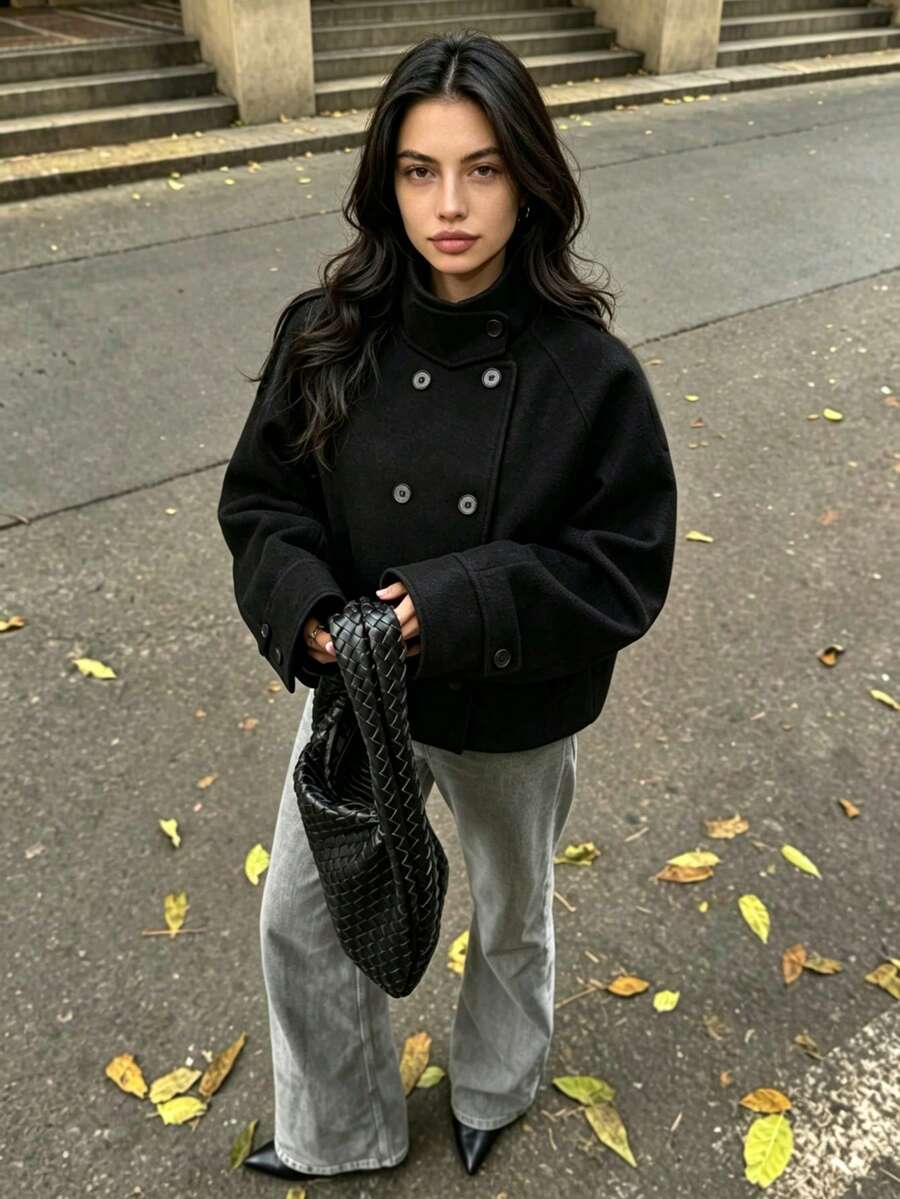 DEEKA Autumn/Winter New Women's European And American Style Fashion Minimalist Double-Breasted Overcoat - Black - View 1