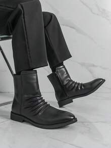 Black Pointed Toe Ankle Boots For Men, Shiny Finish With Unique Wrinkled Detail, Side Zipper Design, Business Casual Fashion, All-Season Footwear - Black - View 4