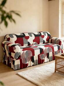 1pc Printed Hem Full Stretch Sofa Cover, Dirt-Resistant, Elastic One-Piece Full Coverage Sofa Protector, Living Room Home Decor, Machine Washable - Red - View 9