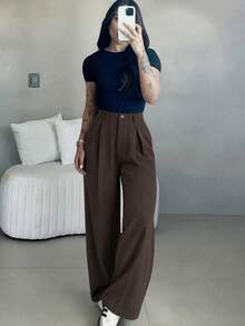 Women's Plus Size Wide Leg Suit Pants, Long Woven Non-Stretch Trousers, Button Front Design, With Pockets, Elegant Autumn Commuter Wear - Rust Brown - View 3