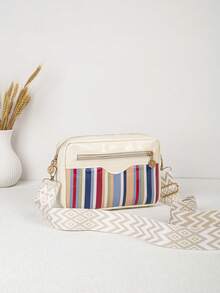 Women's Colorful Striped Crossbody Bag, Glossy Small Shoulder Purse With Adjustable Wide Strap, Zipper Pocket Casual Everyday Bag - Multicolor - View 2