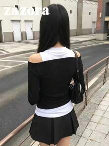 Set 2 món phong cách đường phố Hàn Quốc ngọt ngào & cá tính, phối patchwork, áo hở vai cổ vuông, trang phục thu đa năng - màu đen - Xem 6