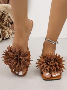 3D Floral Sandals, Flat Beach Shoes Comfortable Slippers - Brown - View 2