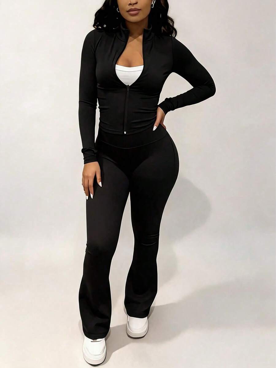 Spring/Autumn Hot-Selling Women's 2 Pieces Set, Fashion Slim Fit Solid Color Zipper Jacket And Pants, Polyester Fitness Yoga Fabric, Elegant - Black - View 1