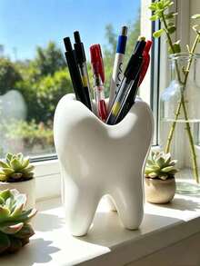 1pc Bathroom Tooth-Shaped Toothbrush Holder Creative Tooth-Shaped Pen Holder/Makeup Brush Storage - White - View 4