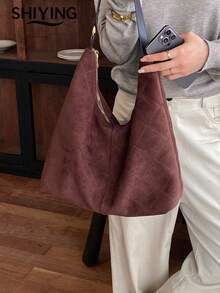 1pc Solid Color Suede New Women's Backpack, Shoulder Bag, Fashionable Large Capacity Crescent Bag, Zipper Closure, Suitable For Commuting, Shopping, Dating, Shopping - Multicolor - View 8