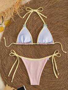 Women's Halter Triangle Bikini Set High Elasticity Swimsuit Side Tie Contrast Binding Beach Swimwear - Multicolor - View 3