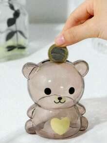 1pc Heart Pattern Bear Design Piggy Bank, Cute Cartoon Coin Box, Home Decor - Chocolate Brown - View 1