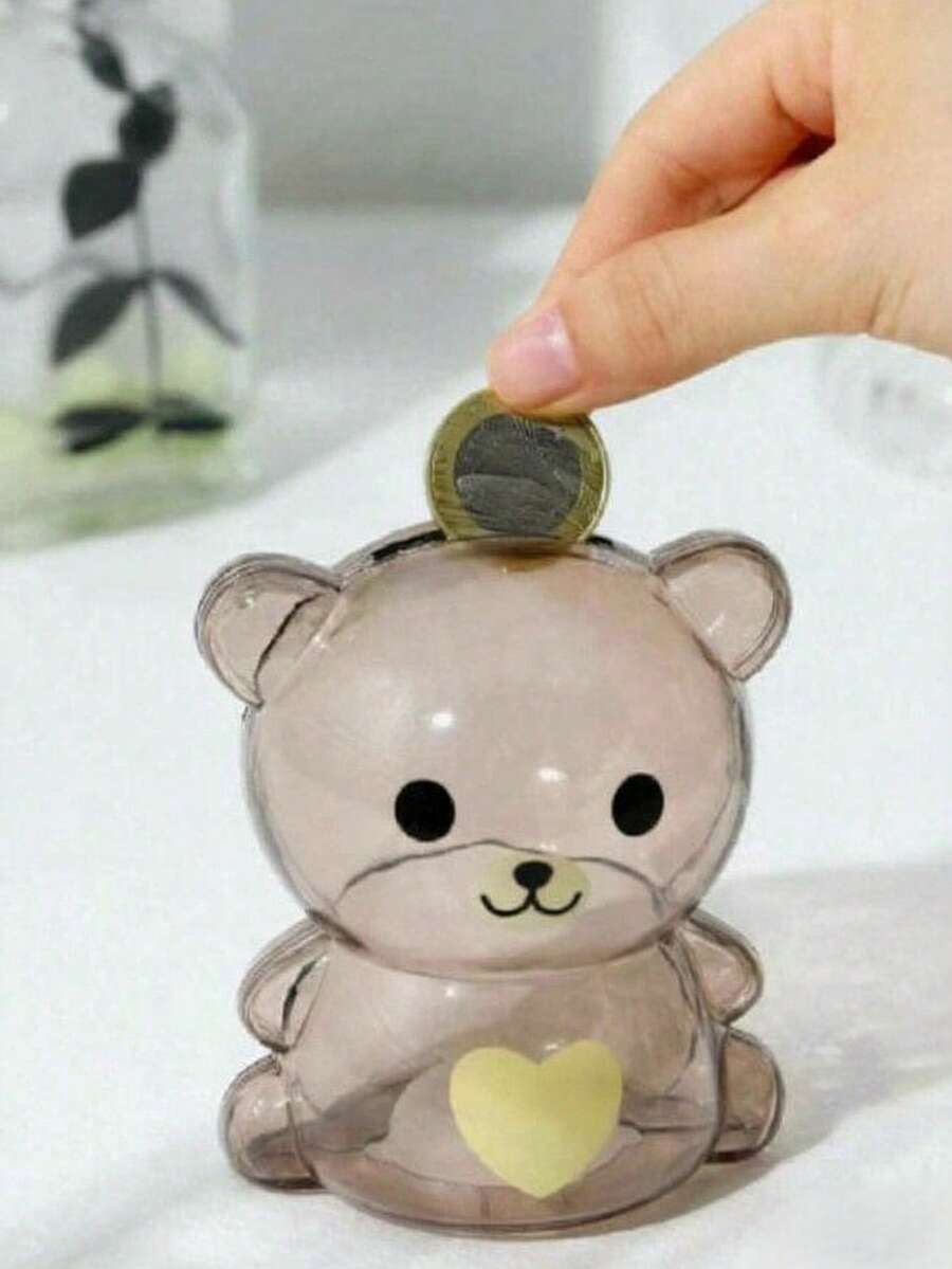 1pc Heart Pattern Bear Design Piggy Bank, Cute Cartoon Coin Box, Home Decor - Chocolate Brown - View 1