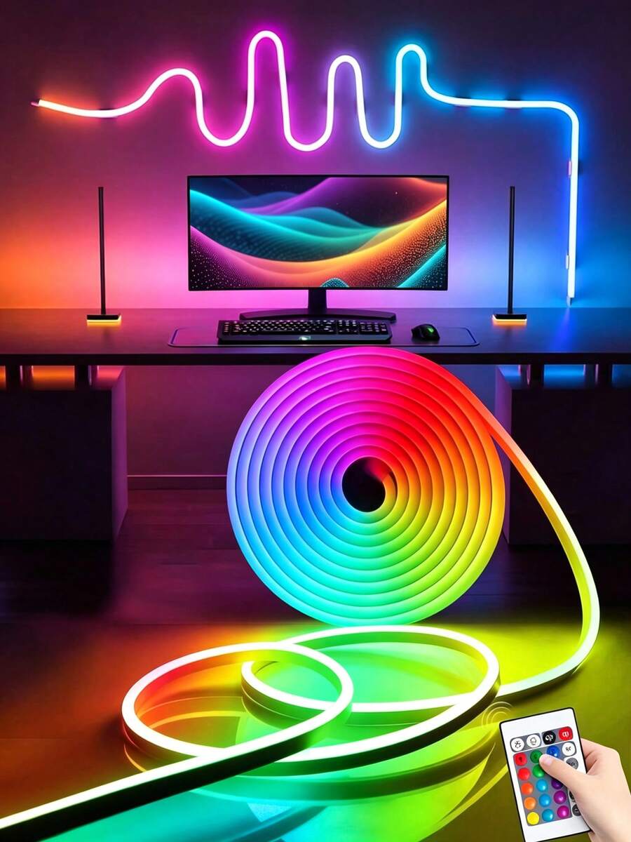 1件裝 LED 霓虹燈條，1~5m RGB 燈條附 24 鍵多功能遙控器，多色可調，防水霓虹燈條，適用於臥室、房間、居家派對裝飾、室內客廳照明、戶外場景裝飾、聖誕節、萬聖節節日裝飾