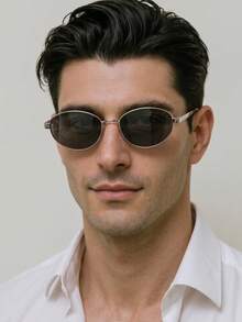 1 Pair Men's Metal Oval Frame High-Quality Minimalist Street Style Music Festival Outfit Driving Fashion Glasses - Silver - View 1