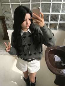 Sweater Kasual Longgar Serbaguna Motif Hati untuk Hari Valentine - Grey - View 4