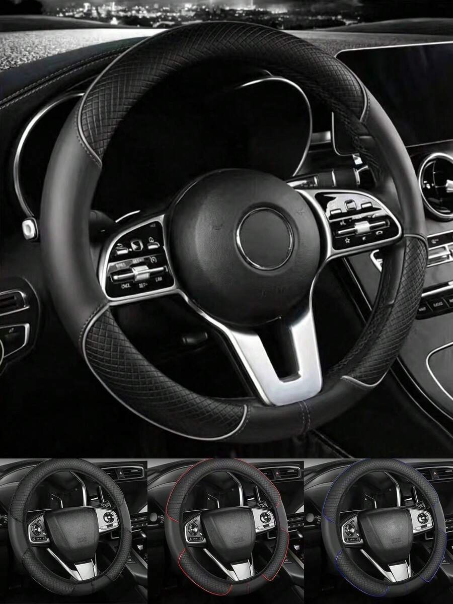 1pc PU Spliced Anti-Slip Wear-Resistant Breathable Sweat-Absorbing Car Steering Wheel Cover, Suitable For 14.5-15 Inch Diameter Steering Wheel, All-Season Universal, Odorless Decorative Steering Wheel Cover - Split Handlebar Grips - View 1