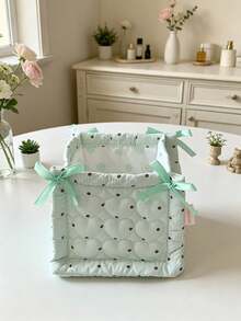 Strawberry Print Quilted Storage Basket, Bow Decor Foldable Fabric Storage Bin, Polka Dot Desktop Organizer, Home Vanity Clutter Storage Box - Multicolor - View 6