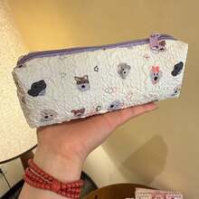 1pc Cute Cartoon Puppy All-Over Print Pleated Pencil Case, Soft Skin-Friendly Bubble Texture Fabric In Taro Purple, Smooth Zipper, Large Capacity Student Stationery Storage Bag With Detachable Plush Ball Charm, Girly High-Value Multi-Function Portable Pouch For Pens, Erasers, Sticky Notes, Rulers, Tape And Other School Supplies - Multicolor - View 2