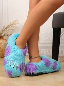 Women's Autumn/Winter New Slip-On Fuzzy House Slippers With Long Fur And Metal Decoration, Minimalist Fashion - Blue - View 4