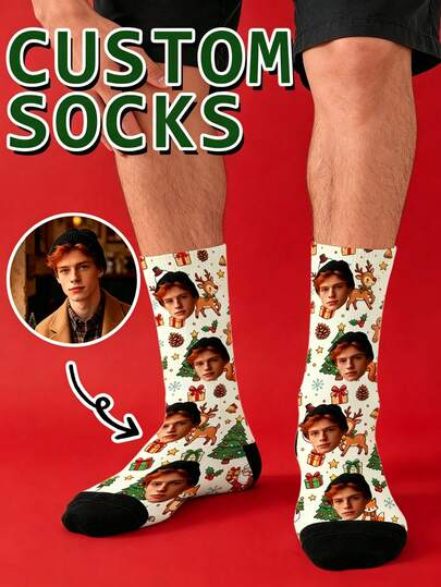 1 par de calcetines personalizados, calcetines con cara personalizada, calcetines con foto personalizada, pon cualquier cara en los calcetines, mejor regalo para amigo, calcetines divertidos, lindos, Navidad