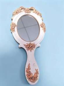 Cross-Border Hot-Selling Wooden Printed Hand Mirror, Printed Not Carved, European Vintage Handle Mirror, Handheld Mirror, Oval Hotel Photo Prop, Ancient Style Baroque Mirror, Wooden Printed, Printed, Holiday Decoration, Gift For Friends, Home Decor, Ornament - 1PC - View 2