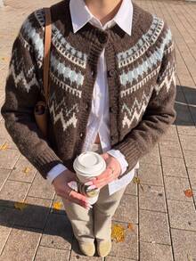 Women's Vintage Fair Isle Pattern Button-Up Cardigan Knit Sweater Long Sleeve Winter Top - Brown - View 2