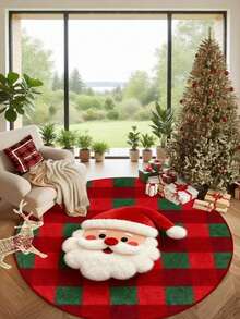 Round Burgundy Christmas Tufted Rug Checkered Border Snowman Gingerbread Gift Candy Cane Plush Rug - Multicolor - View 4