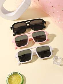 3pcs Kids 3-8Y Solid Color Double Bridge PC Frame Fashion Glasses, Retro Square Style For Party, Vacation And Daily Outings With Glasses Box - Multicolor - View 6