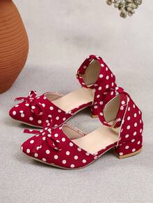 A Pair Of Kids' Polka-Dot Block-Heel Pumps, Cute Polka-Dot Flats, Pointed-Toe Bow Ankle Strap Low-Heel Shoes, Suitable For Parties And Daily Outfits - Red - View 6