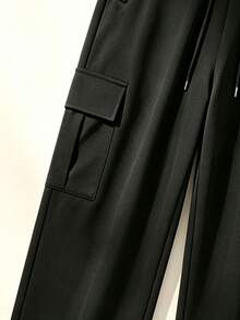's Workwear Straight Leg Outdoor Casual Pants, Multi-Pocket Drawstring Waist Wide Leg Long Pants - Black - View 6