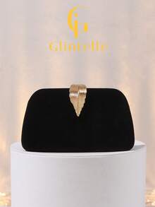 Black Velvet Leaf-Shaped Clutch, Luxury Gold Hardware Evening Bag, Detachable Chain Shoulder Strap, Suitable For Formal Party/Wedding/Date Night Accessory - Black - View 9