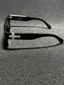 POLASUP 1pc Rhinestone Cross Heart Decor Glasses Men's Polycarbonate Explosion-Proof Lens Sports Casual Street Retro Flat Top Fashion Copper Hinge Glasses (Free Glasses Rope Free Glasses Cloth All Seasons Men.Women Y2K Vintage Classic Fashion . Stylish,Retro. Men's Flat Top Glasses Y2K Retro Square Travel Fashion Decorative Sunglasses - Rhinestone Cross - View 3