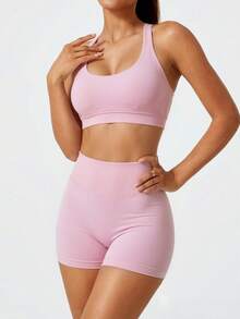 2pcs/Set Women's Sports Fitness Outfit Set, Halter Top And Sports Shorts, Suitable For Running And Training - Pink - View 2