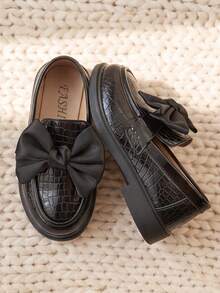 Girls Black Loafers Patent Leather Satin Bow Thick Non-Slip School Performance Versatile Shoes! - Black - View 7