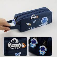 1pc Blue Astronaut Portable Pencil Case, Cute Stationery Bag, Student Supplies Storage Bag, Office Double Layer Large Capacity Canvas Pencil Box, Desktop Organizer, Random Color, Random Packaging - A - View 2
