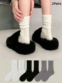 1/2/3/4/6 Pairs Women's Black/White/Grey Ribbed Knit Loose Mid-Calf Socks, Soft Warm Casual Mid-Calf Socks, Suitable For Autumn/Winter Fuzzy Shoes Daily Wear - Multicolor - View 7