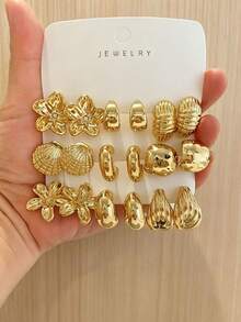 18pcs/Set Fashion Shell & Flower Minimalist C-Hoop Earrings Set, Suitable For Daily Wear, Vacation, Travel And Holiday - Gold - View 10