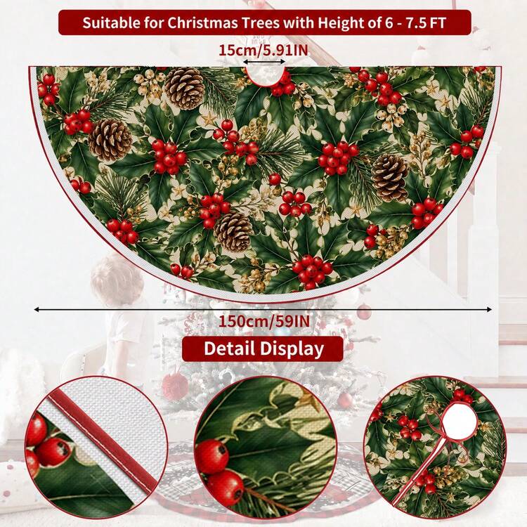 1pc Holly Berry & Pine Cone Pattern Christmas Tree Skirt, Elegant Color Holiday Decor, 5 Sizes, Unisex Holiday Gift, Suitable For Home And Party Christmas Home Decoration - Holly Red Berries and Pine Cones - View 10