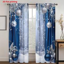 2pcs, 2D Flat Print, Winter Christmas Blue & Silver Christmas Ball Snowflake Luxury Pattern, Pocket Rod Installation, Digital Printed Curtains, Polyester Semi-Transparent Material Slightly Thinner, Suitable For Living Room, Kitchen, Bedroom, Study, Hotel, Restaurant, Home Decor - A - View 2