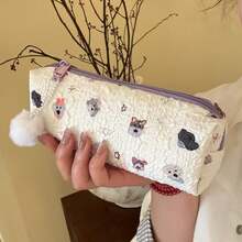 1pc Cute Cartoon Puppy All-Over Print Pleated Pencil Case, Soft Skin-Friendly Bubble Texture Fabric In Taro Purple, Smooth Zipper, Large Capacity Student Stationery Storage Bag With Detachable Plush Ball Charm, Girly High-Value Multi-Function Portable Pouch For Pens, Erasers, Sticky Notes, Rulers, Tape And Other School Supplies - Multicolor - View 1