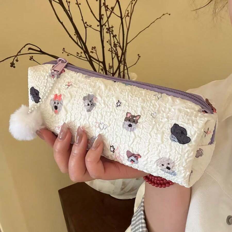 1pc Cute Cartoon Puppy All-Over Print Pleated Pencil Case, Soft Skin-Friendly Bubble Texture Fabric In Taro Purple, Smooth Zipper, Large Capacity Student Stationery Storage Bag With Detachable Plush Ball Charm, Girly High-Value Multi-Function Portable Pouch For Pens, Erasers, Sticky Notes, Rulers, Tape And Other School Supplies - Multicolor - View 1