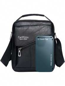 Men Black Leather Messenger Sling Bag, Adjustable Strap Multiple Compartment Cross Body Bag - Black - View 7