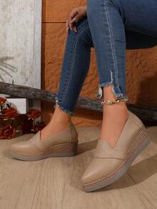 Women's All-Season Versatile Wedge Heel Thick Sole Slip-On Casual Vacation Shoes, Solid Color PU Faux Leather, Plus Size, Cross-Border Daily Wear - Apricot - View 2